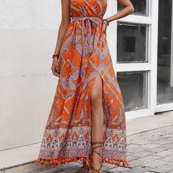 Orange Boho Womens Paisley Print Split Thigh Belted Cami Dress - Picture 3 of 5